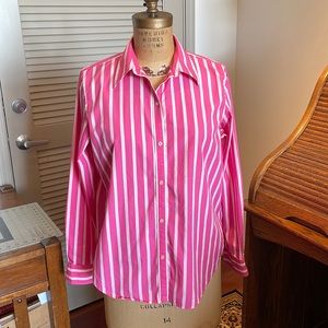 Lauren Ralph Lauren pink and white striped button down blouse.